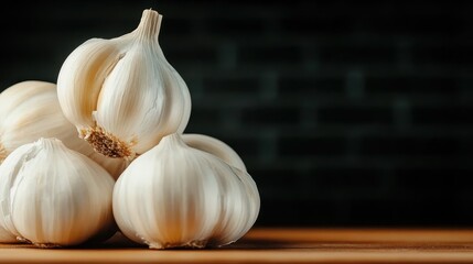 This image showcases fresh white garlic bulbs stacked artfully on a dark wooden surface, highlighting their texture and natural beauty for culinary and health-related themes.