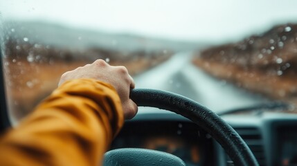 An image capturing a hand gripping a steering wheel during a rainy drive, evoking feelings of focus, determination, and the intimate connection between human and machine while on the road.