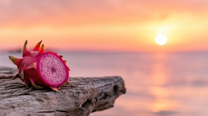 A beautifully sliced dragon fruit sits on weathered wood, with a stunning sunset reflecting off the water, showcasing nature's vibrant colors and culinary charm.