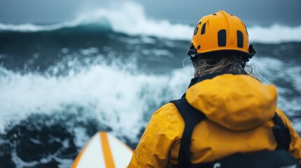 A determined surfer clad in yellow gear gazes at towering waves, embodying the thrill of adventure against a backdrop of dark stormy weather and ocean intensity.