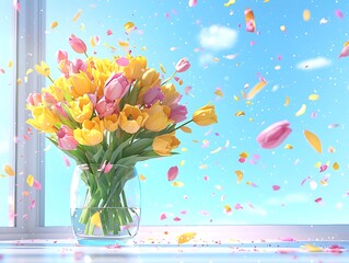Tulips Bouquet Window Sunny Sky
