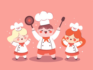 Happy chef with helpers cheering vector illustration