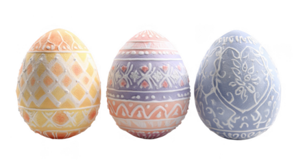 Three pastel colored easter eggs decorated with beautiful patterns stand out against a transparent background, showcasing the artistry and tradition of egg decoration