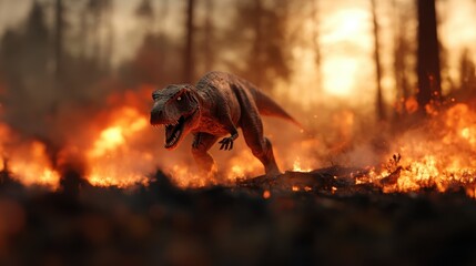 A menacing dinosaur charges through a fiery landscape, capturing a thrilling moment of prehistoric life juxtaposed with dramatic natural elements like fire and smoke.