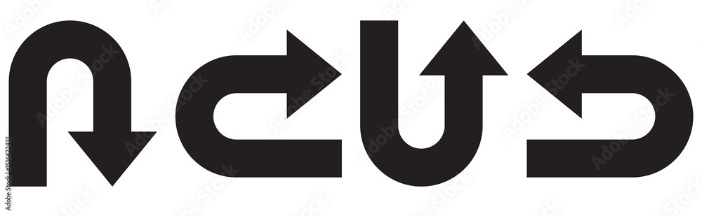 Poster go straight this way one way only u turn left and right black arrow sign direction icon set. unique 