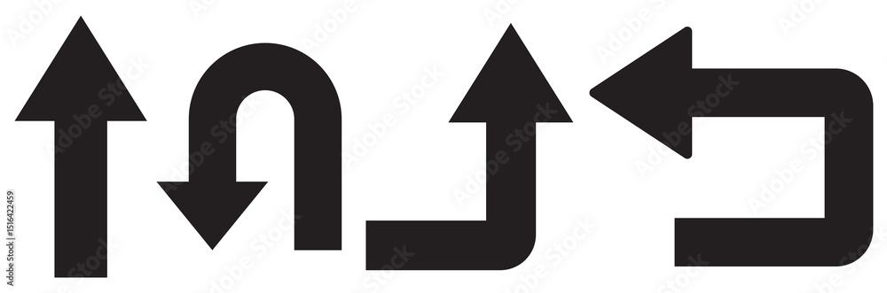 Poster go straight this way one way only u turn left and right black arrow sign direction icon set. unique 