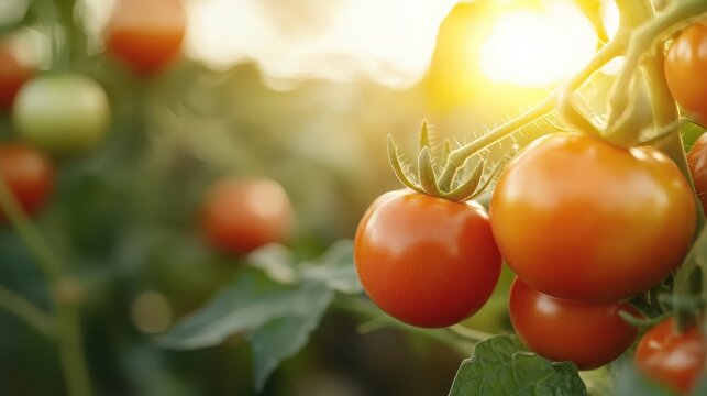 A vibrant cluster of ripe red tomatoes illuminated by warm golden sunlight in a lush green garden, evoking feelings of freshness and organic farming.
