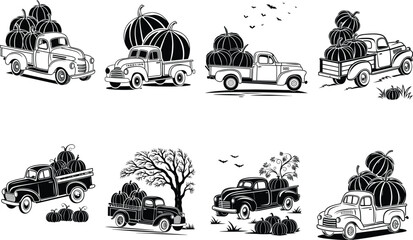 Retro truck with pumpkins Silhouette Vector