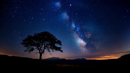 Lone tree silhouette under milky way galaxy. Night sky and astronomy concept. Scene for astrotourism destinations, mindfulness apps and cosmic awareness content