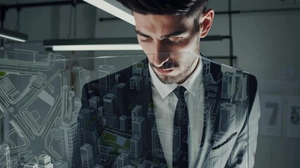 Businessman analyzing holographic city map in futuristic office setting - Powered by Adobe