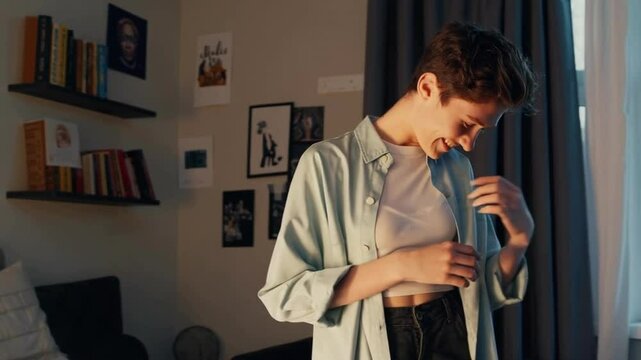 Young person smiling in cozy room decorated with books and photos