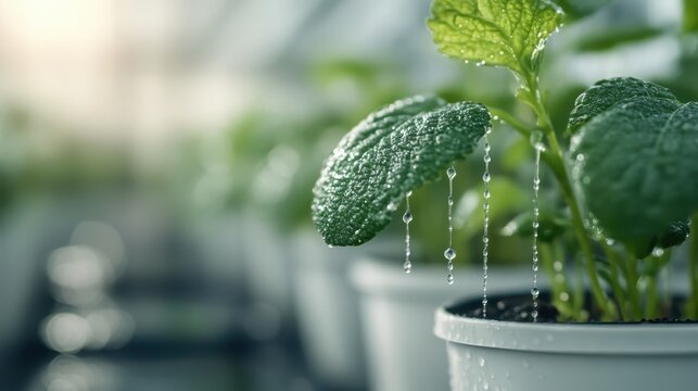 Close-up of vibrant green leaves adorned with droplets of water, highlighting nature's freshness and beauty in a greenhouse setting that inspires growth and vitality. - Powered by Adobe