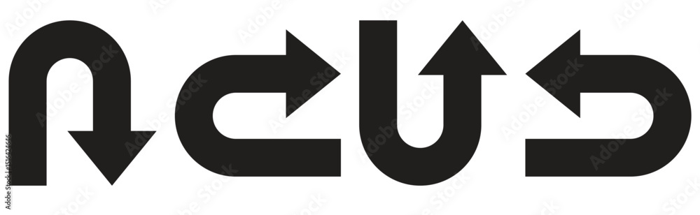 Poster go straight this way one way only u turn left and right black arrow sign direction icon set. unique 
