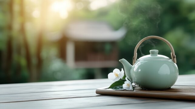 A beautifully designed teapot sits gracefully on a wooden table, surrounded by tranquil greenery, reflecting a moment of peace and simple pleasures in life.