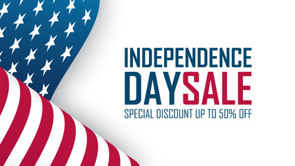 Independence Day Sale. 4th of July commercial banner with waving american flag for shopping activities and holiday sales promotion. Vector illustration.