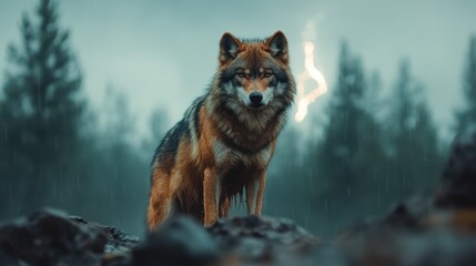 Obraz premium A stunning image of a majestic wolf standing amidst dramatic weather, radiating strength and mystery, beautifully highlighting the wild's untamed spirit and allure.