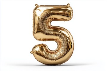 Sleek gold number 5 balloon isolated on solid white background, modern party decoration, premium metallic finish