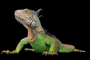 Green Iguana (also known as Common or American iguana) isolated on black background. mostly herbivorous species of lizard of the genus Iguana. It is native to Central America, South America.