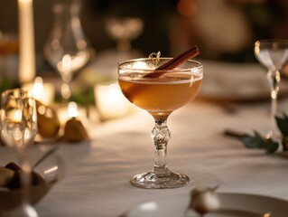 Carajillo cocktail with a decorative cinnamon stick, served as a dessert pairing, on a beautifully set dinner table with soft lighting
