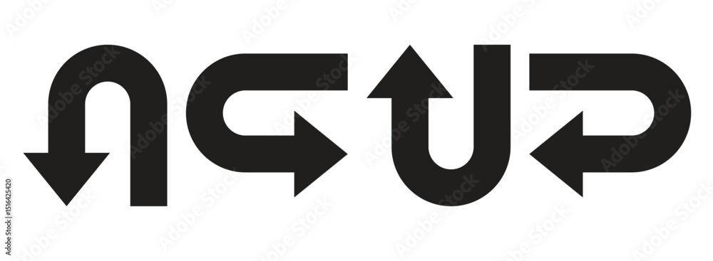Poster go straight this way one way only u turn left and right black arrow sign direction icon set. unique 