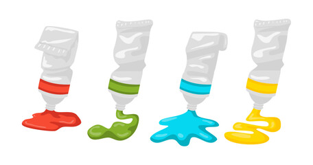 Obraz premium Set of Spilled Paint Tube Set Collection, Oil and Acrylic Paint Spill Accident: Artistic Mess, Dripping, and Flooding Tips for Painters. Drawing Burnout Concept Illustration.Spill Accident Causes Drip