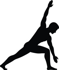 Fototapeta premium Silhouette of a male figure practicing yoga reaching upward in a deep lunge position against a white background
