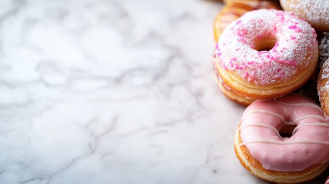 A vibrant assortment of donuts topped with delightful icing and sprinkles, perfect for a sweet treat or celebration snack, served on a light marble surface.