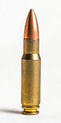 Isolated AK-47 Bullet. Closeup on Brass Munition Against White Background