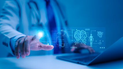 Doctor Hand Interacts With Holographic Digital Brain computer Interface Medical Display, Featuring Ai driven Health Tech Glowing Brain Against Blurred Background Signifies Advanced Medical Innovation