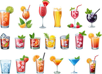 A vibrant collection of diverse drinks, including cocktails and refreshing fruit drinks as well as alcoholic beverages, beautifully arranged to catch the eye.  