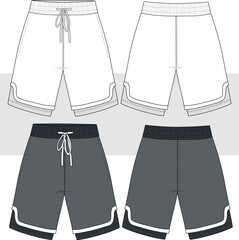 Men's inside boxer layer basketball running sport shorts, technical fashion drawing, illustration. Front and Back View. CAD, Mockup.