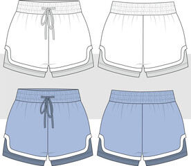 Women's inside boxer layer running sport shorts, technical fashion drawing, illustration. Front and Back View. CAD, Mockup.