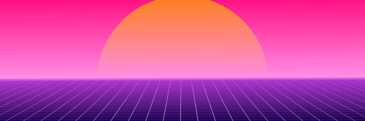 neon wireframe horizon background. light pink grid room floor in perfective and big moon. vector backdrop