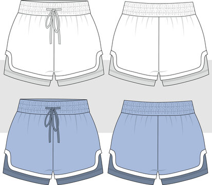 Women's inside boxer layer running sport shorts, technical fashion drawing, illustration. Front and Back View. CAD, Mockup.