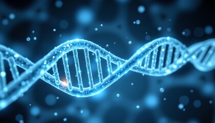 a molecular model of dna, depicted in a stylized blue light with a speckled background that resembles an interstellar backdrop, su