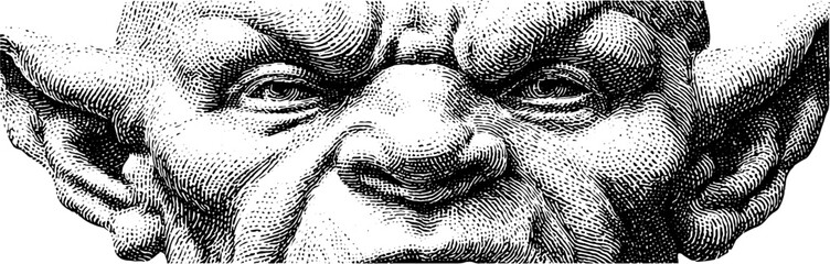 Intricate black and white engraved stone gargoyle illustration for artistic design