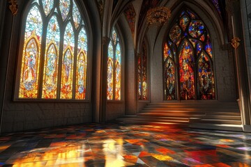 Obraz premium Vibrant Stained Glass Church Windows: A Gothic Architectural Interior View