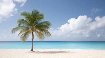 Obraz premium serene and ultrabright beach scene featuring single palm tree swaying gently in breeze