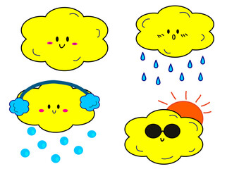 Cute cartoon clouds with different weather expressions, including rain, snow, and sunshine, each with cheerful face