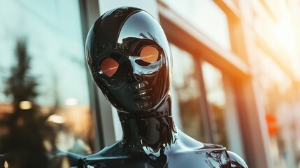 This striking black mannequin showcases contemporary fashion with its sleek, glossy finish and unique design, making it a perfect statement piece for fashion displays.