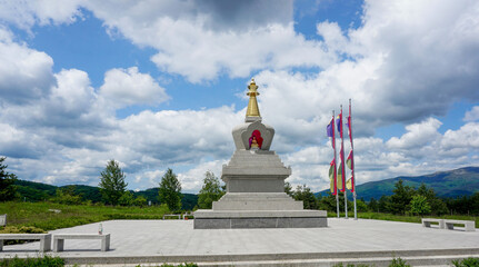 This panorama shows the Stupa of Enlightenment on Plana Mountain, one of the thirty-nine mountains in Bulgaria.