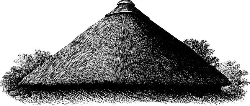 Engraved illustration of traditional thatched roof house in nature