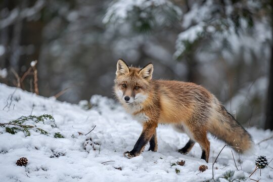 Red fox walking in snowy winter forest