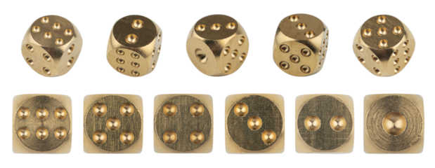 Golden isolated dice for casino game. Backgammon lucky cube roll. Random rolling square luck choice for poker gaming entertainment, dice games.