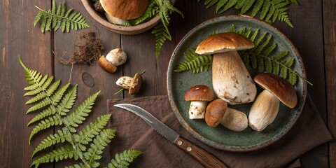 Fresh forest mushrooms, Boletus edulis (king bolete), penny bun, cep, porcini and green fern on old bowl, plate and knife on the wooden dark brown table, top view background