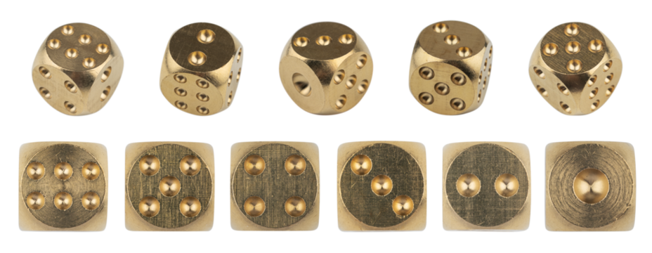 Golden isolated dice for casino game. Backgammon lucky cube roll. Random rolling square luck choice for poker gaming entertainment, dice games.