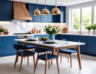 Modern, blue kitchen with wooden accents