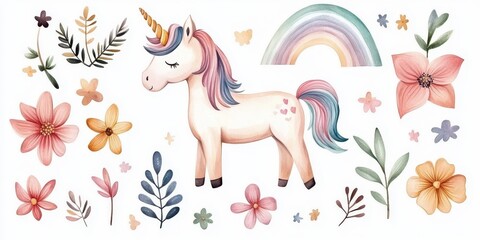 Obraz premium Whimsical Watercolor Unicorn Art with Enchanting Flowers and Vibrant Rainbows