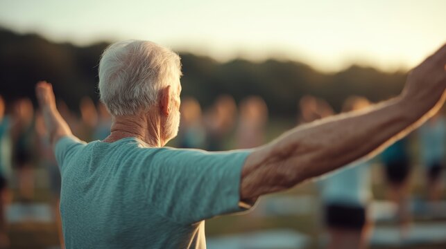 An elderly man practicing yoga outdoors, embracing health and tranquility against a lush background, symbolizing mindfulness and the joy of staying active in later life.