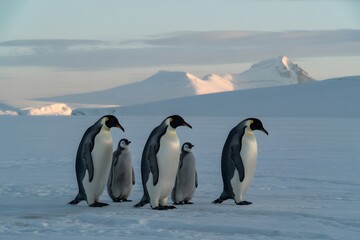 Obraz premium Emperor penguin family in antarctica at sunset